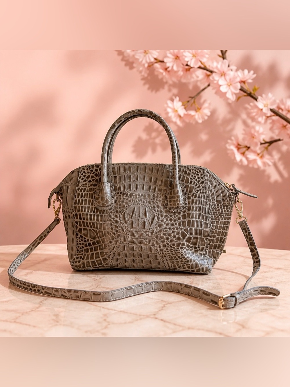 Danier Genuine Leather Croc-Embossed Satchel in Taupe